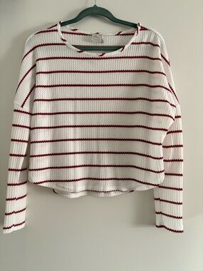 Paper Crane White Waffle Knit Top with Burgundy Stripes